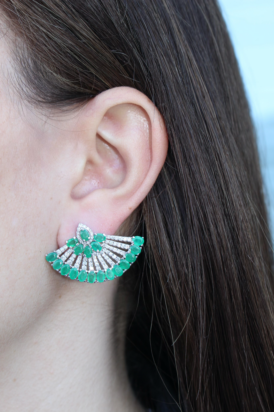 14K White Gold And Emerald Diamond Fan Earrings