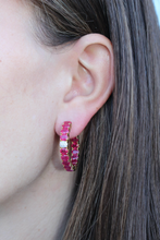 Load image into Gallery viewer, 18K Yellow Gold Ruby and Diamond Hoop Earrings

