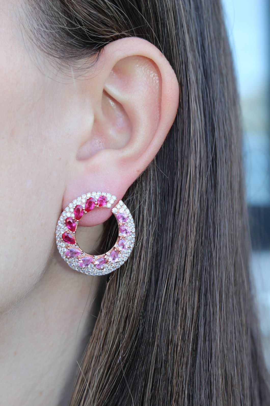 14K Rose Gold Large Pink Sapphires and Diamond Circle Earrings