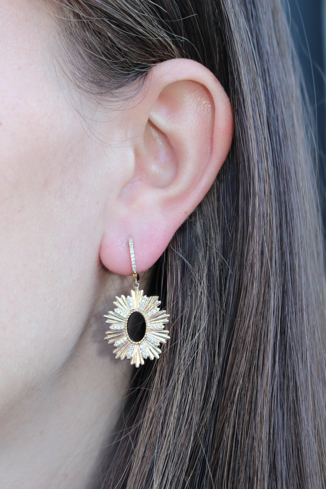 14K Yellow Gold Diamond Hanging Starburst and Diamond Earrings