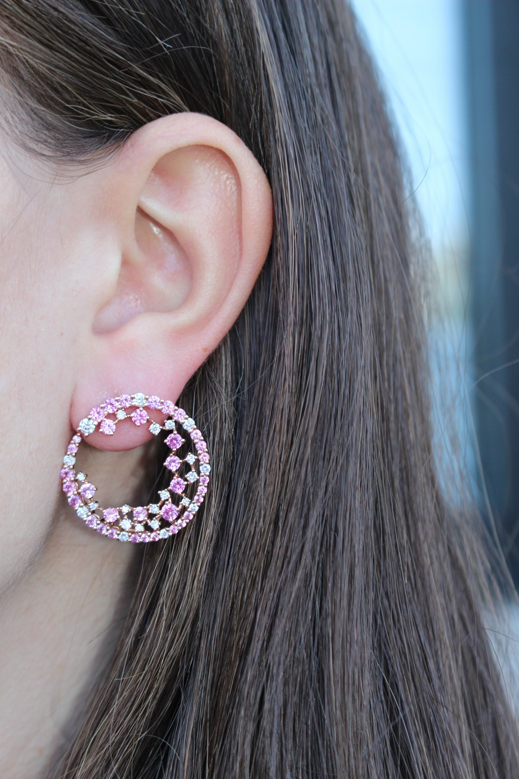 14K Rose Gold Pink Sapphire and Diamond Cluster Circle Earrings