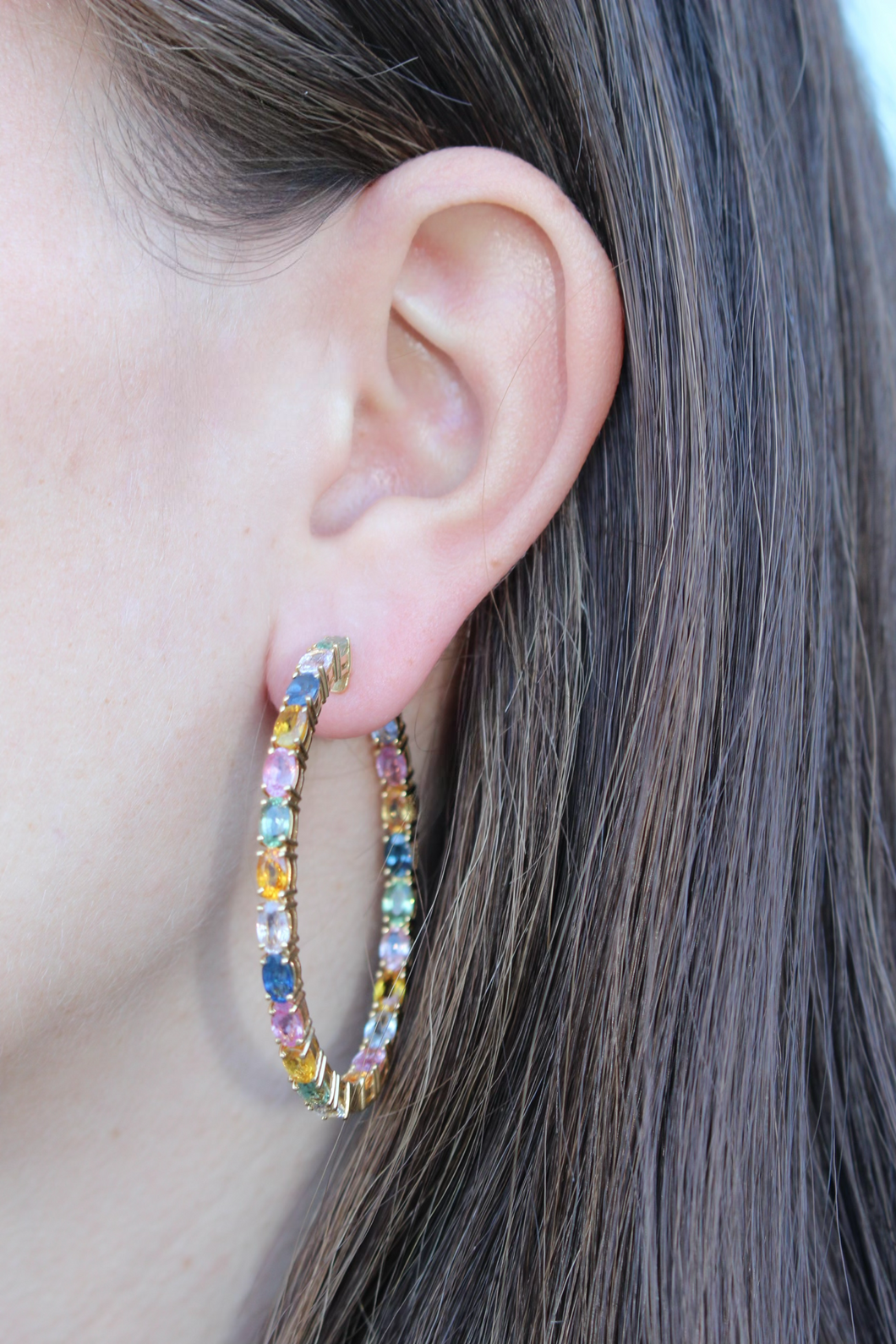18K Yellow Gold Multi-Color Sapphire Hoop Earrings