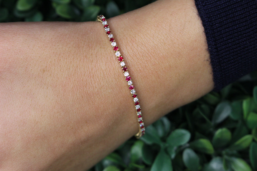 14K Yellow Gold Diamond and Ruby Alternating Tennis Bracelet