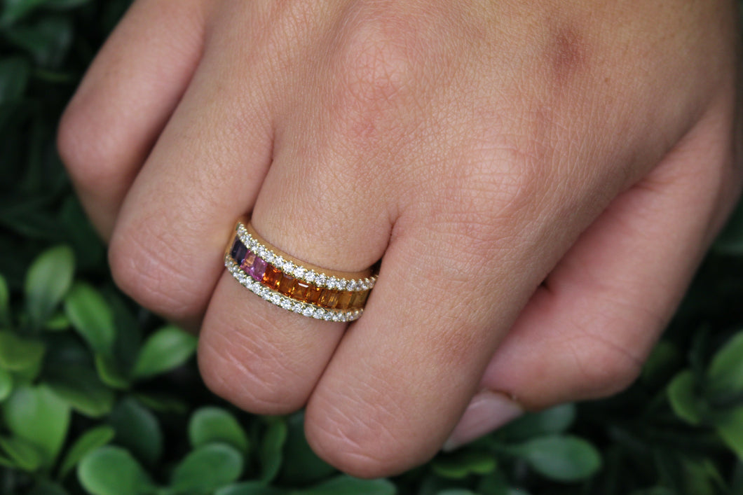 14K Yellow Gold Diamond And Rainbow Ring