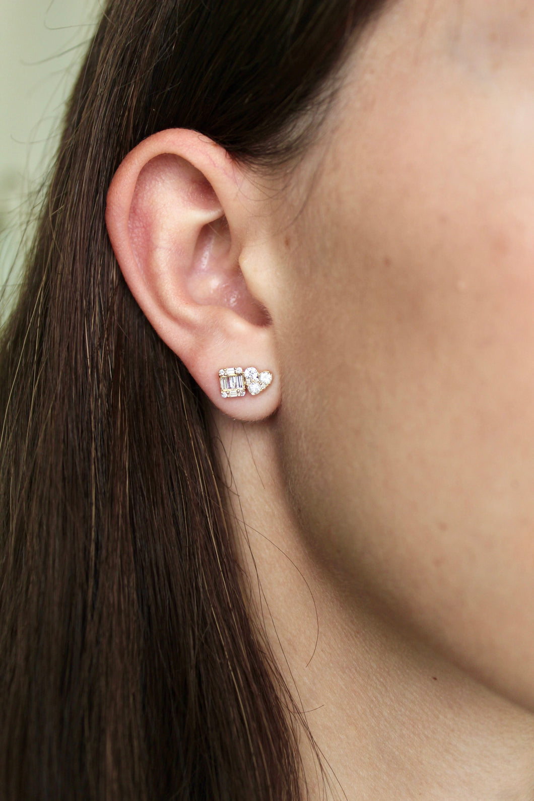 14K Yellow Gold Diamond Baguette Heart Rectangle Studs