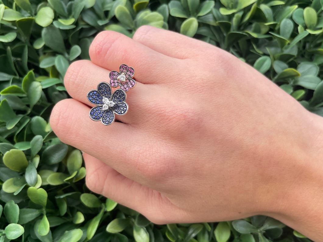 14K Yellow Gold Diamond Double Flower Blue and Pink Sapphire Ring