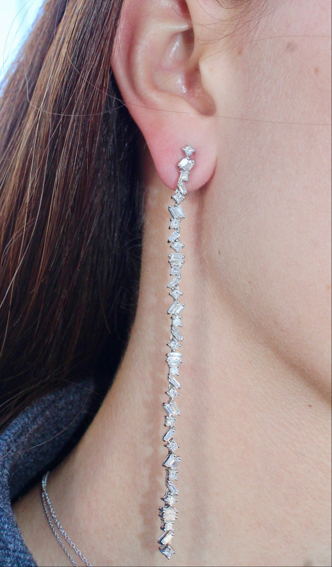 14K White Gold Diamond Multi Shape Long Drop Earrings