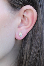 Load image into Gallery viewer, 14K Yellow Gold Diamond with Blue Sapphire Hamsa Studs
