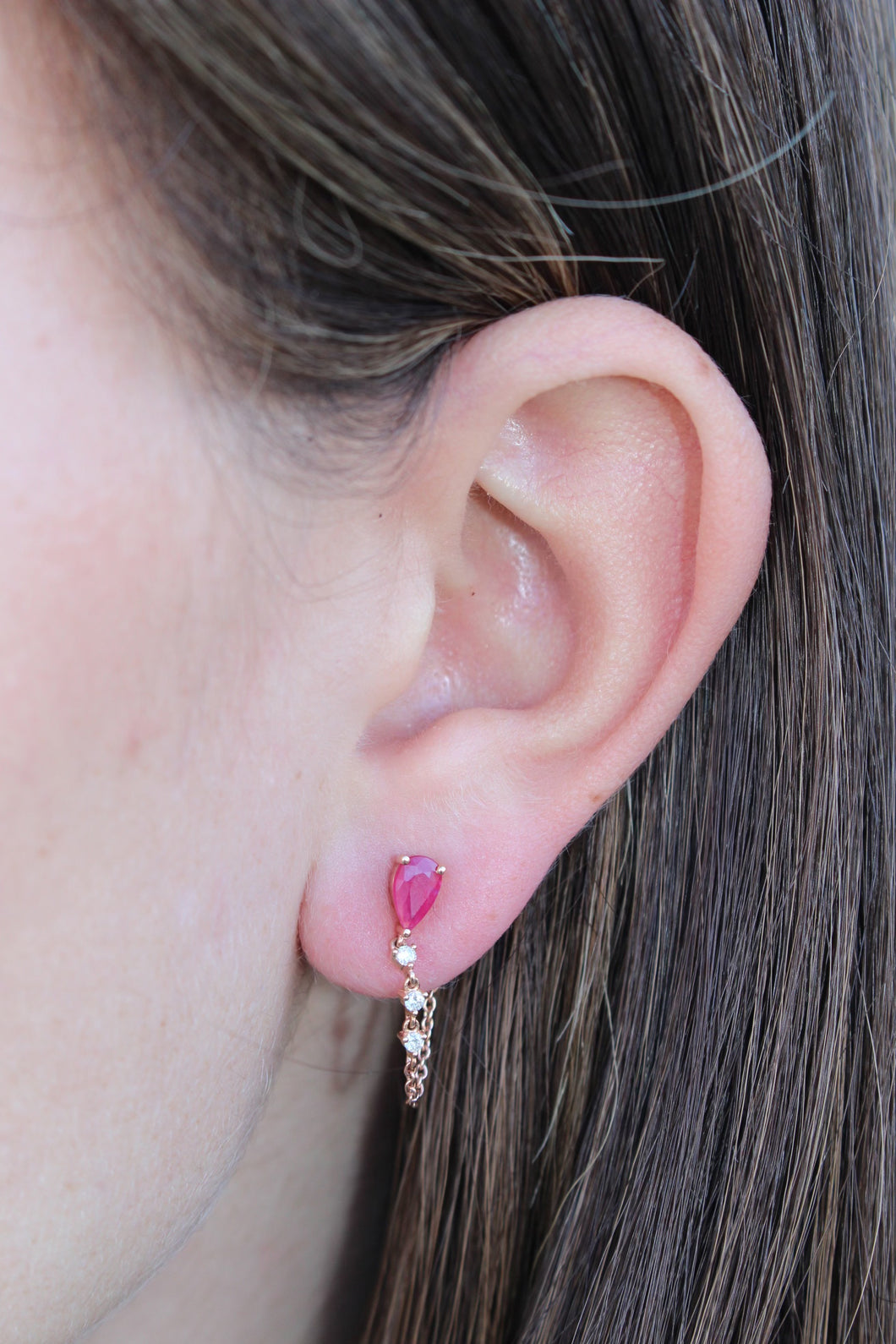 14K Rose Gold Pear Ruby and Diamond Chain Earrings