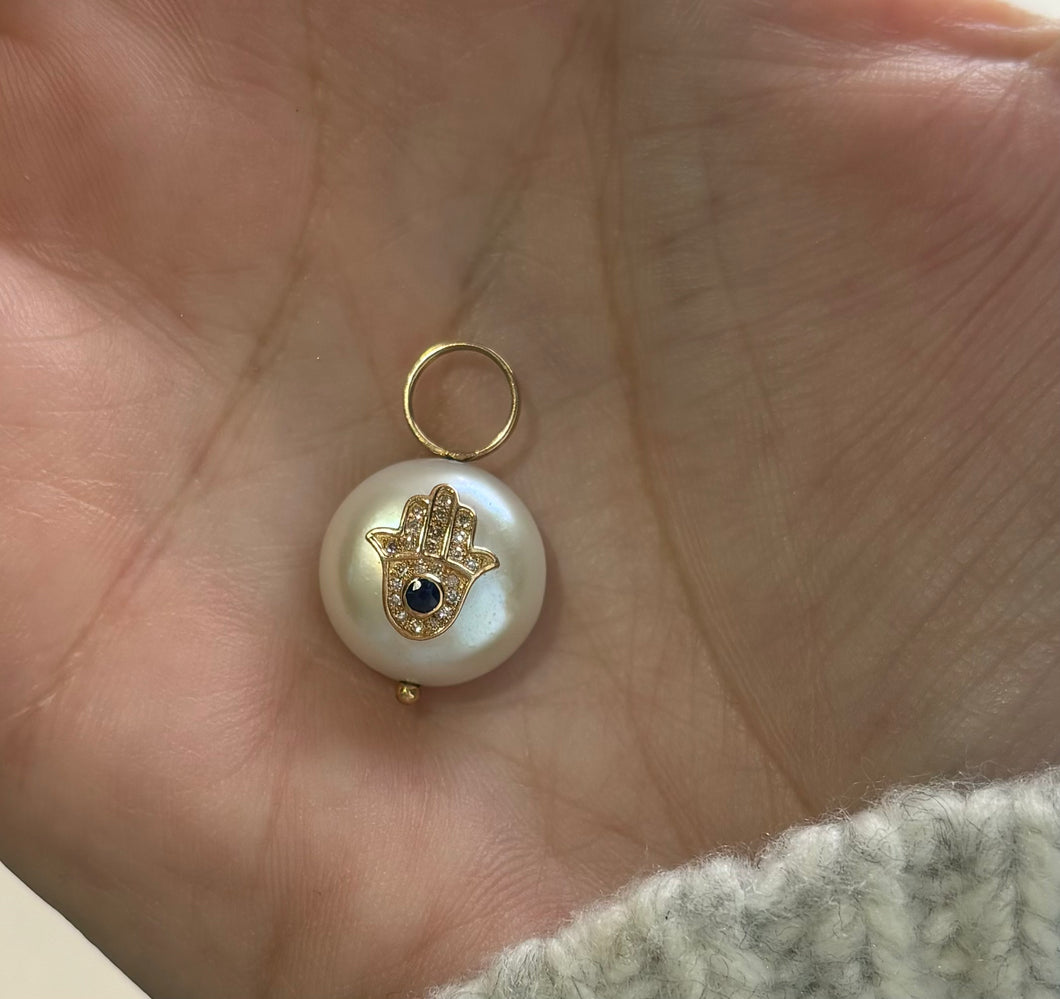 14K Yellow Gold Diamond Chamsa Pearl Charm