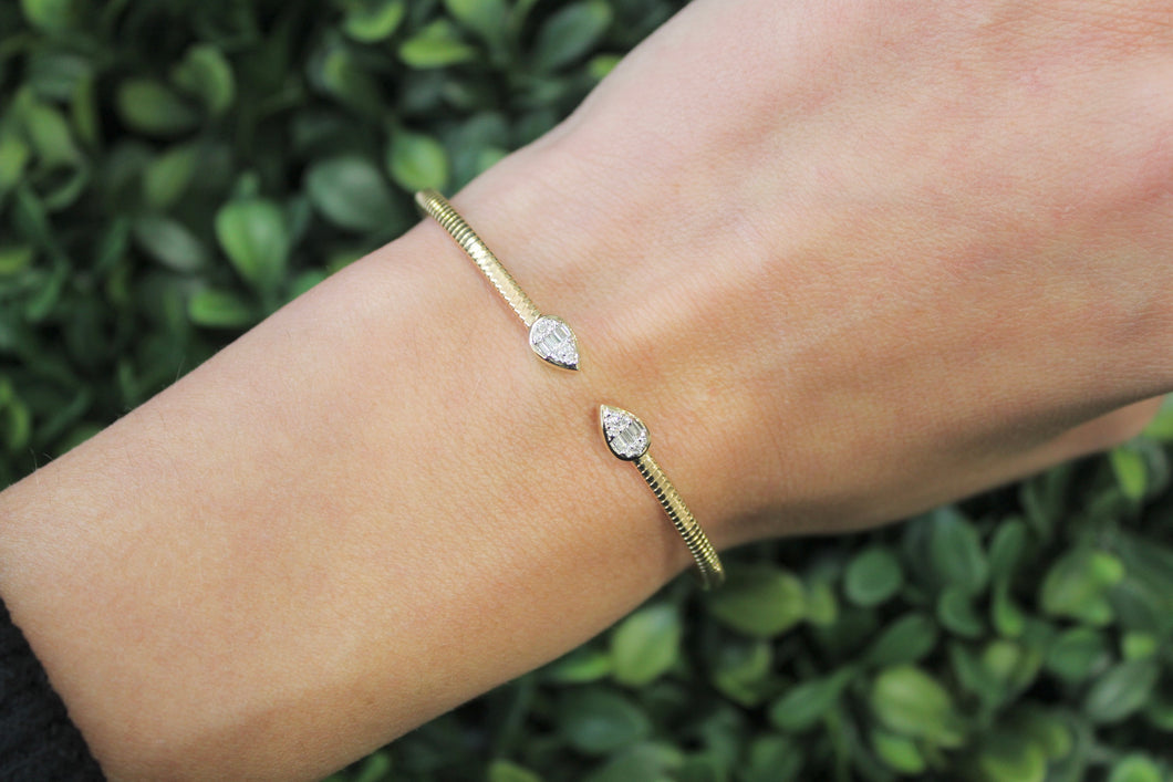 14K Omega Yellow Gold and Diamond Pear Open Bangle