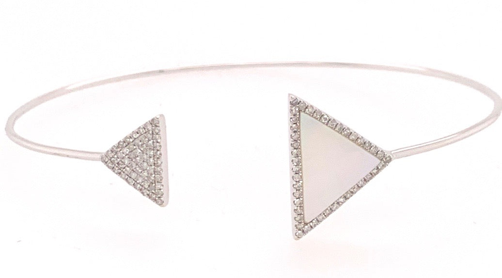 14K White Gold Mother of Pearl and Diamond Triangle Open Bangle