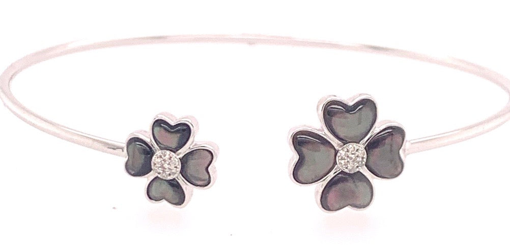 14K White Gold Diamond Flower Open Bangle