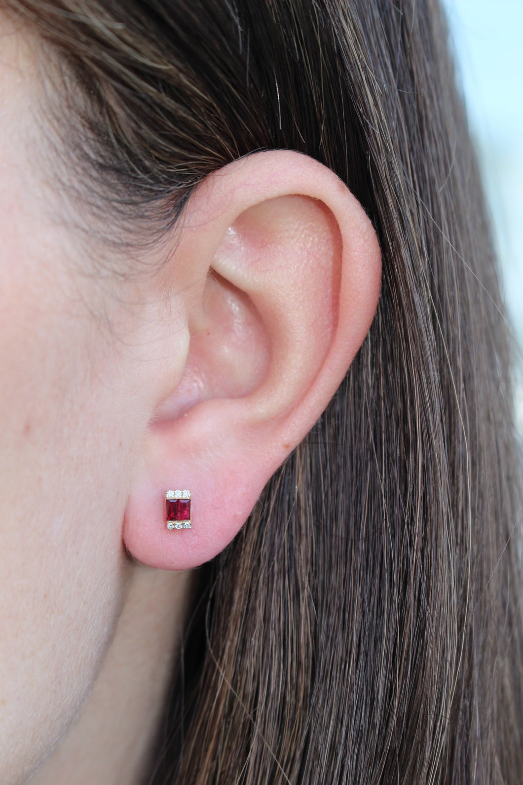 14K Gold Diamond and Ruby Baguette Studs