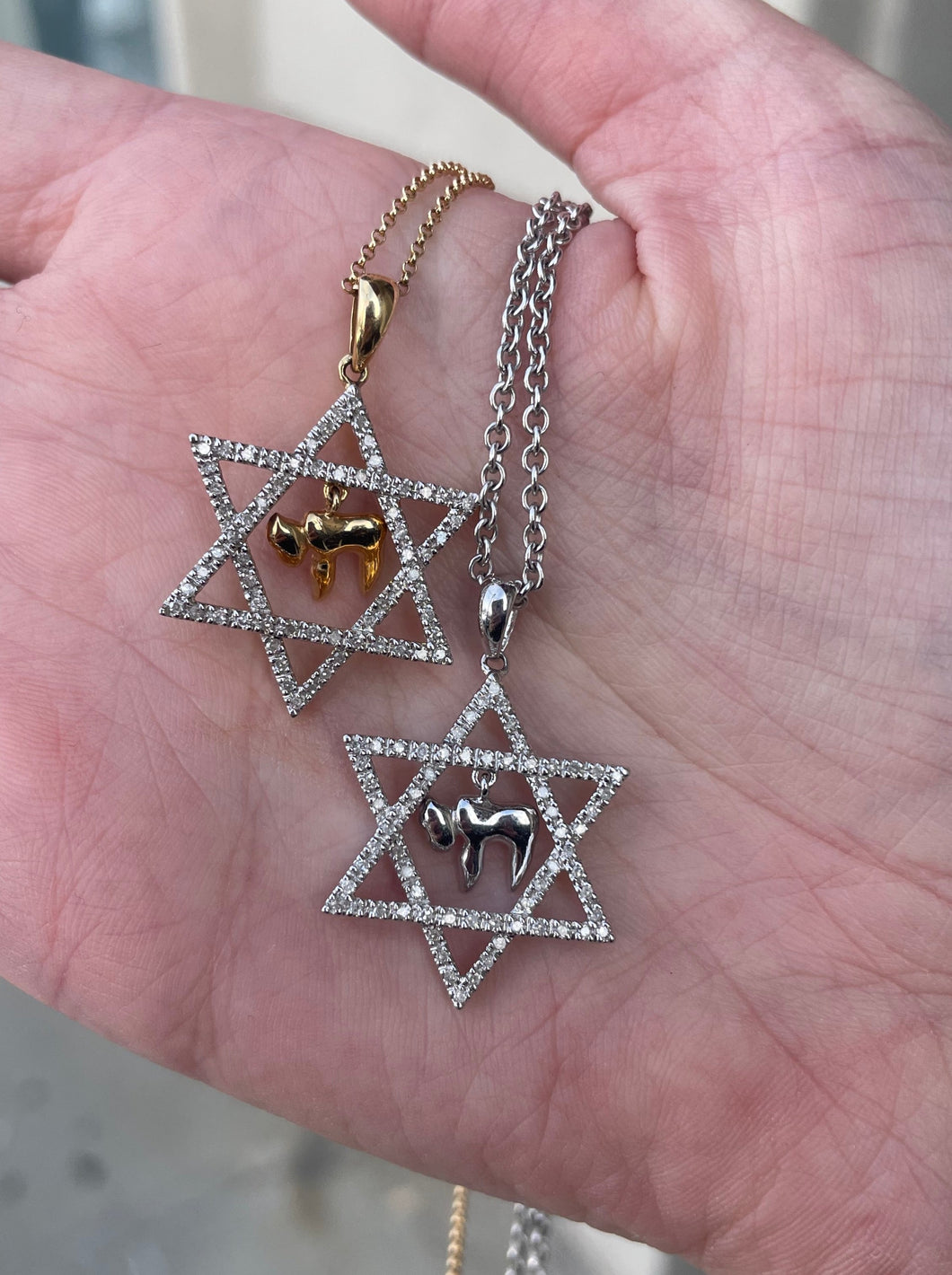 14K Gold Diamond Star of David with Chai Charm Necklace