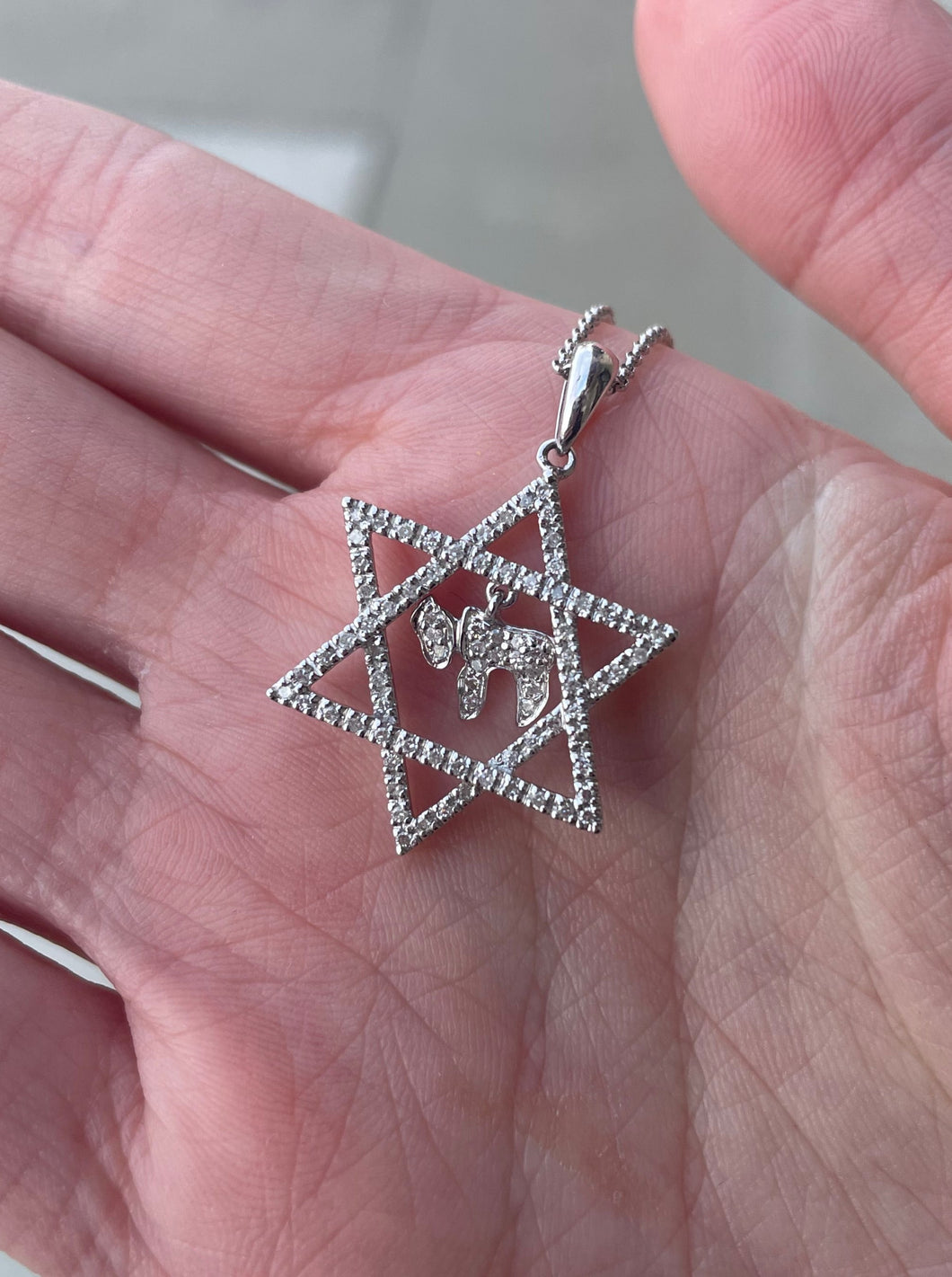 14K White Gold Diamond Star of David/Chai Charm Necklace