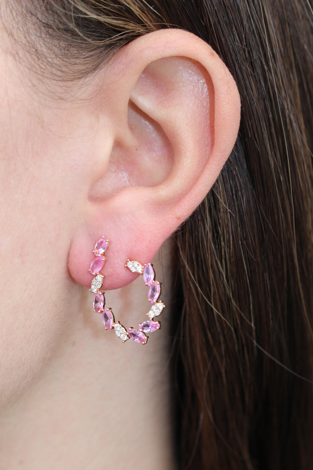 14K Rose Gold Pink Sapphire and Diamond Scoop Earrings