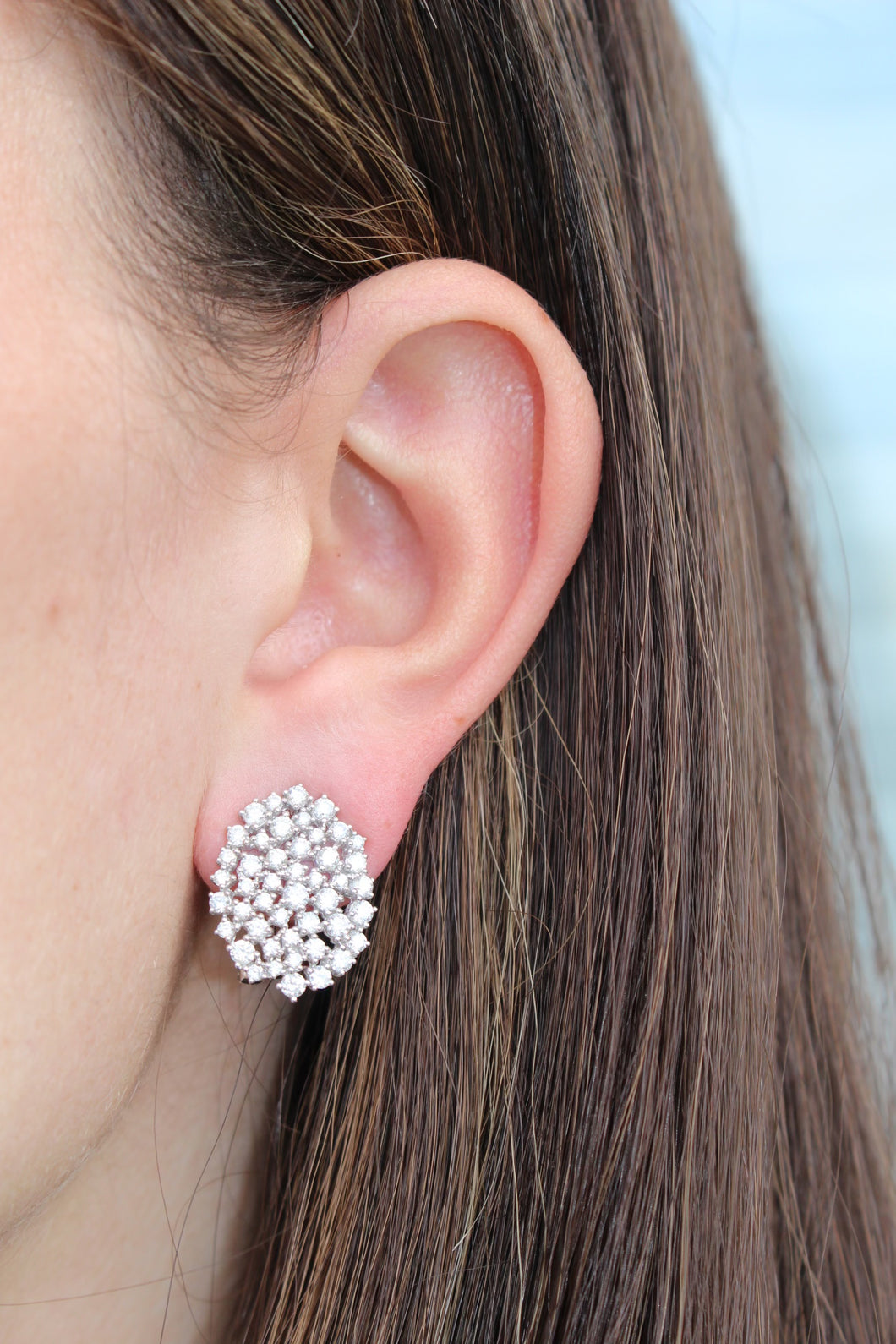 14K White Gold Oval Diamond Cluster Earrings