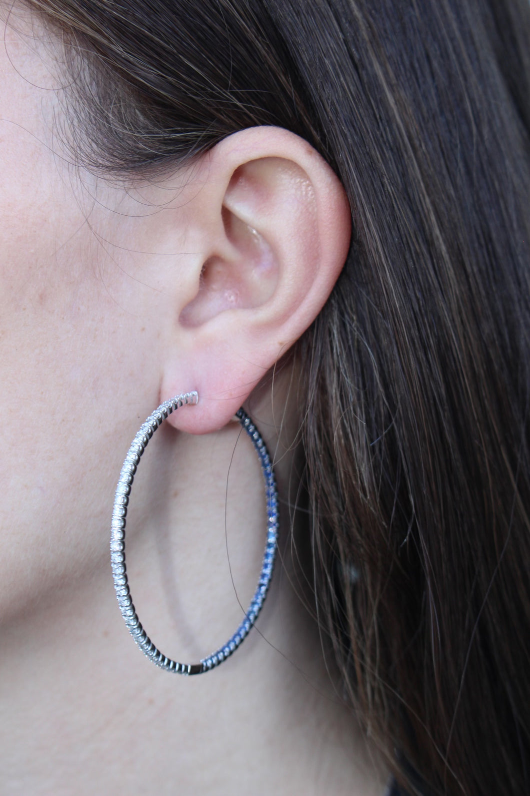 14K White Gold Diamond and Sapphire Large Hoops
