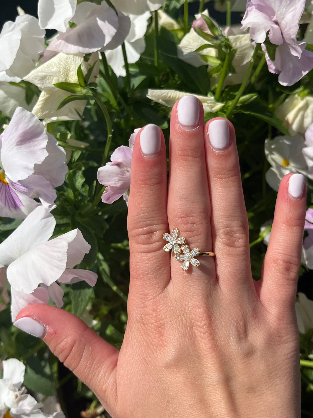 14K Gold Double Flower Diamond Ring