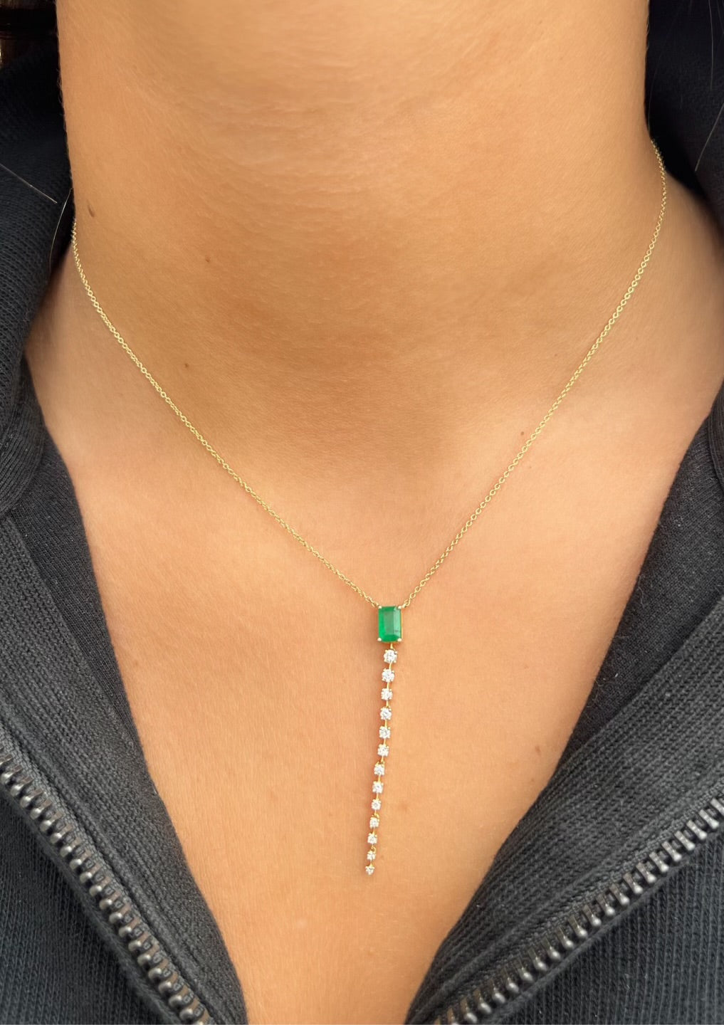 14K Yellow Gold Diamond and Emerald Lariat Necklace