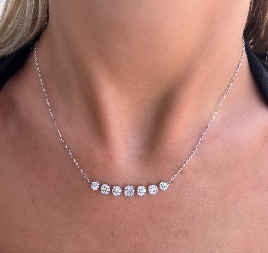 14K White Gold Round Baguette Bar Necklace