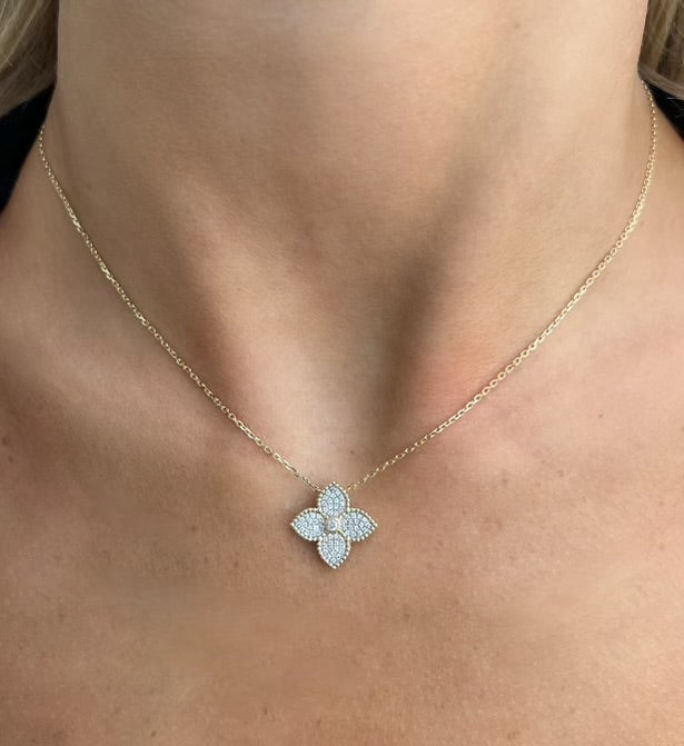 14K Yellow Gold Diamond Flower Necklace