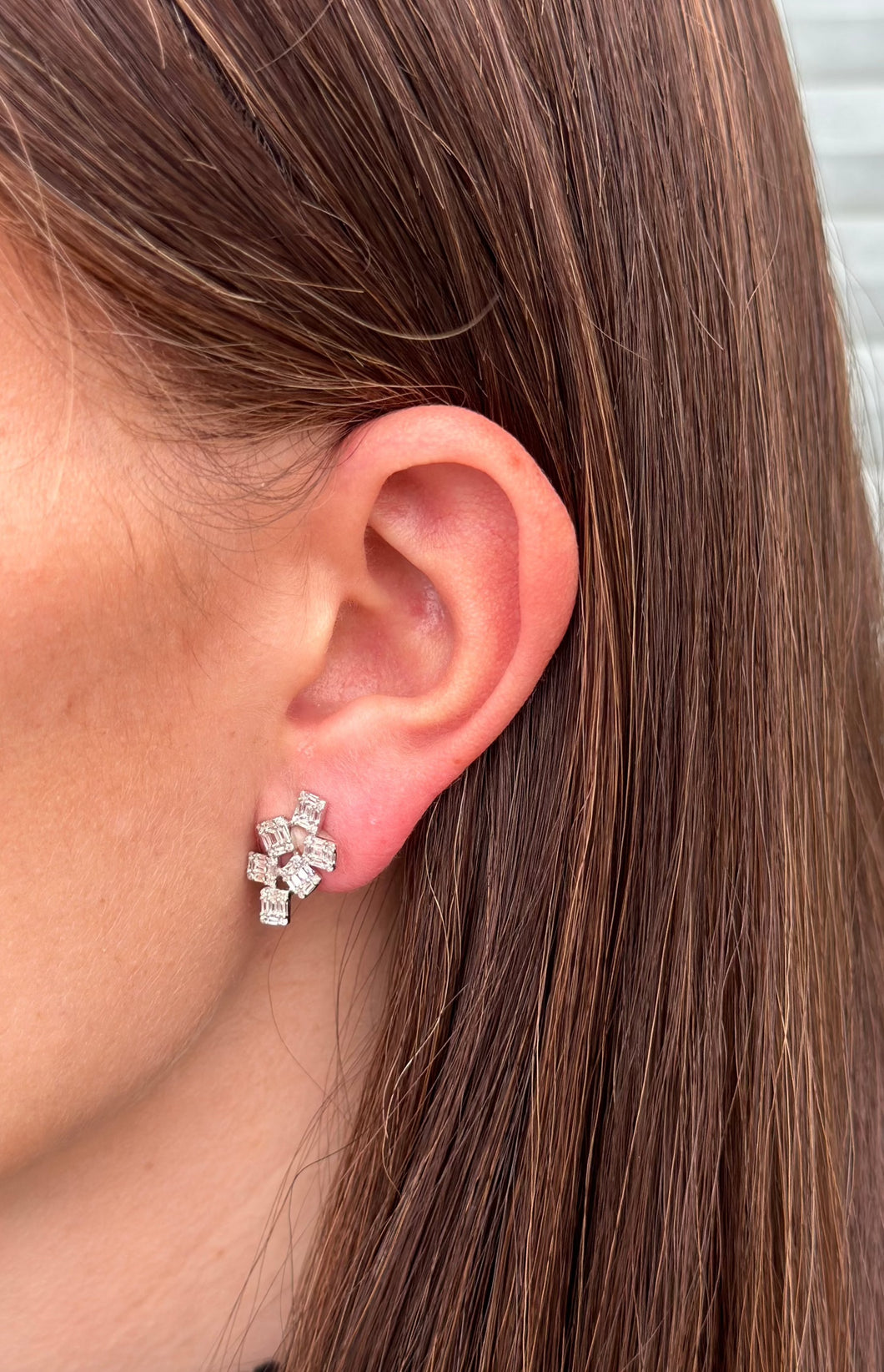 14K White Gold Multi-Baguette Diamond Stud Earrings