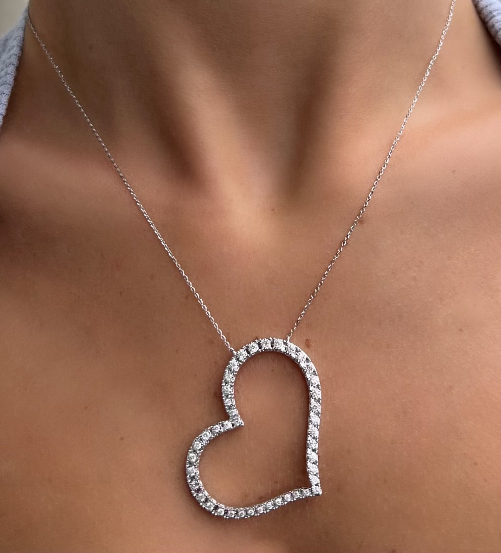 14K White Gold Large Diamond Heart Necklace