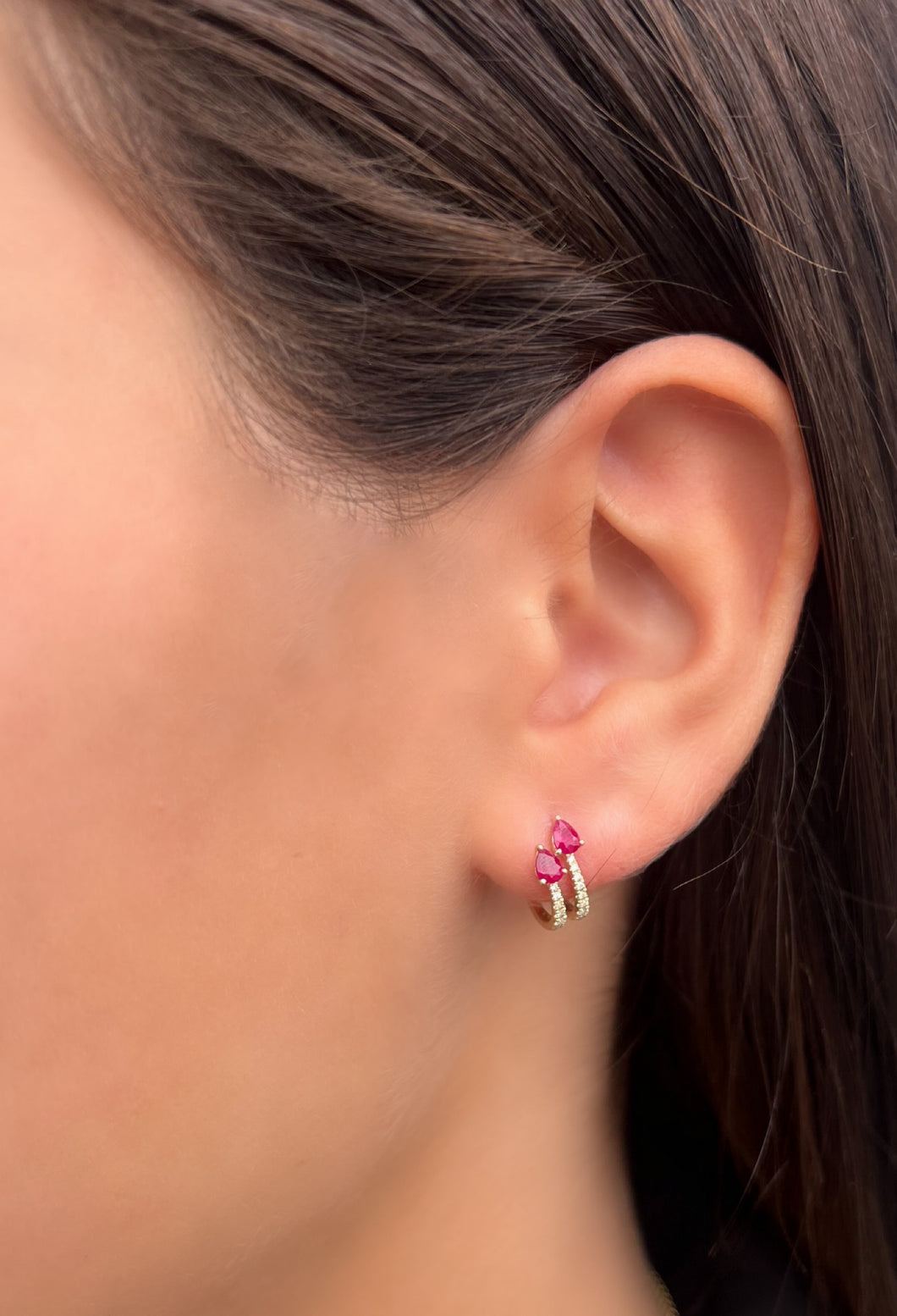 14K Yellow Gold Diamond Ruby Pear Earrings