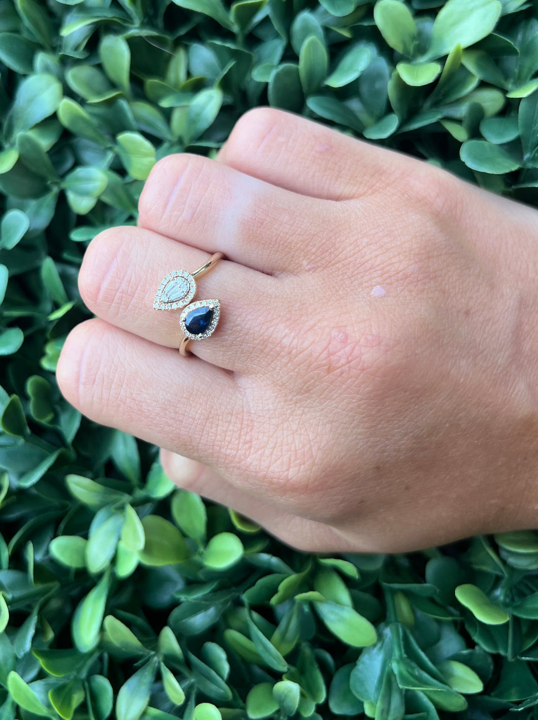 14K Yellow Gold Pear Diamond and Sapphire Open Ring