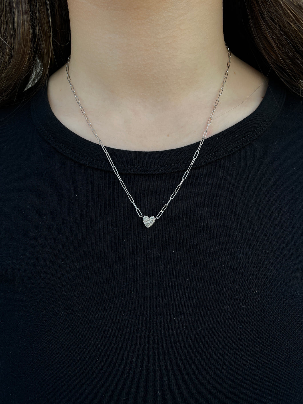 14K White Gold Paperclip Chain With Diamond Heart