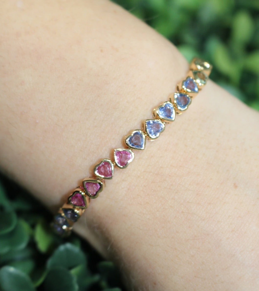 14K Yellow Gold Multi Color Heart Bracelet