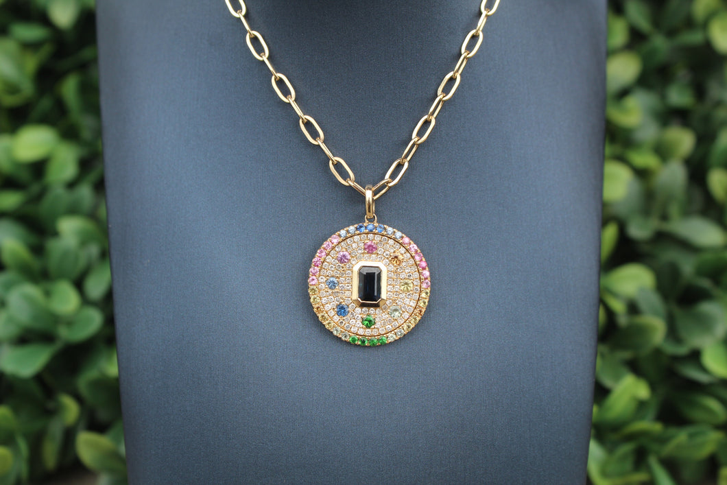 14K Yellow Gold Paperclip Chain Diamond Rainbow Pendant Necklace