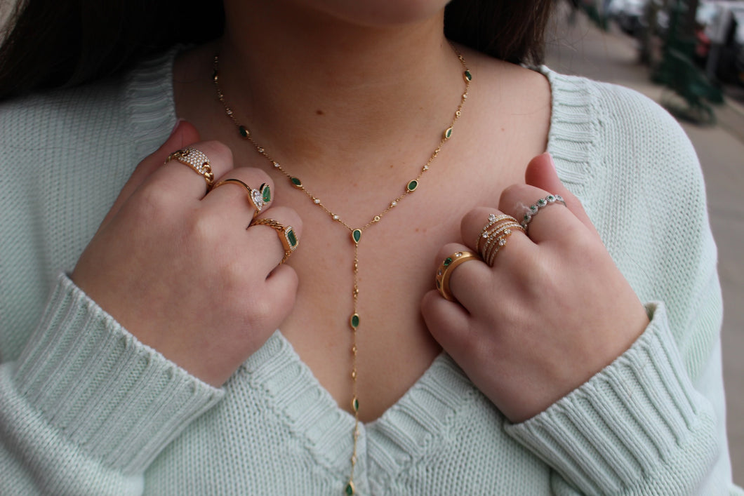 14K Yellow Gold Bezel Emerald and Diamond Lariat Necklace