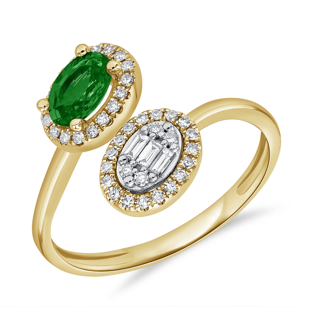 14K Yellow Gold Diamond Emerald Oval Open Ring