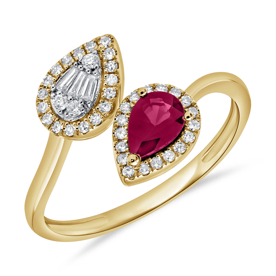 14K Yellow Gold Pear Diamond and Ruby Open Ring