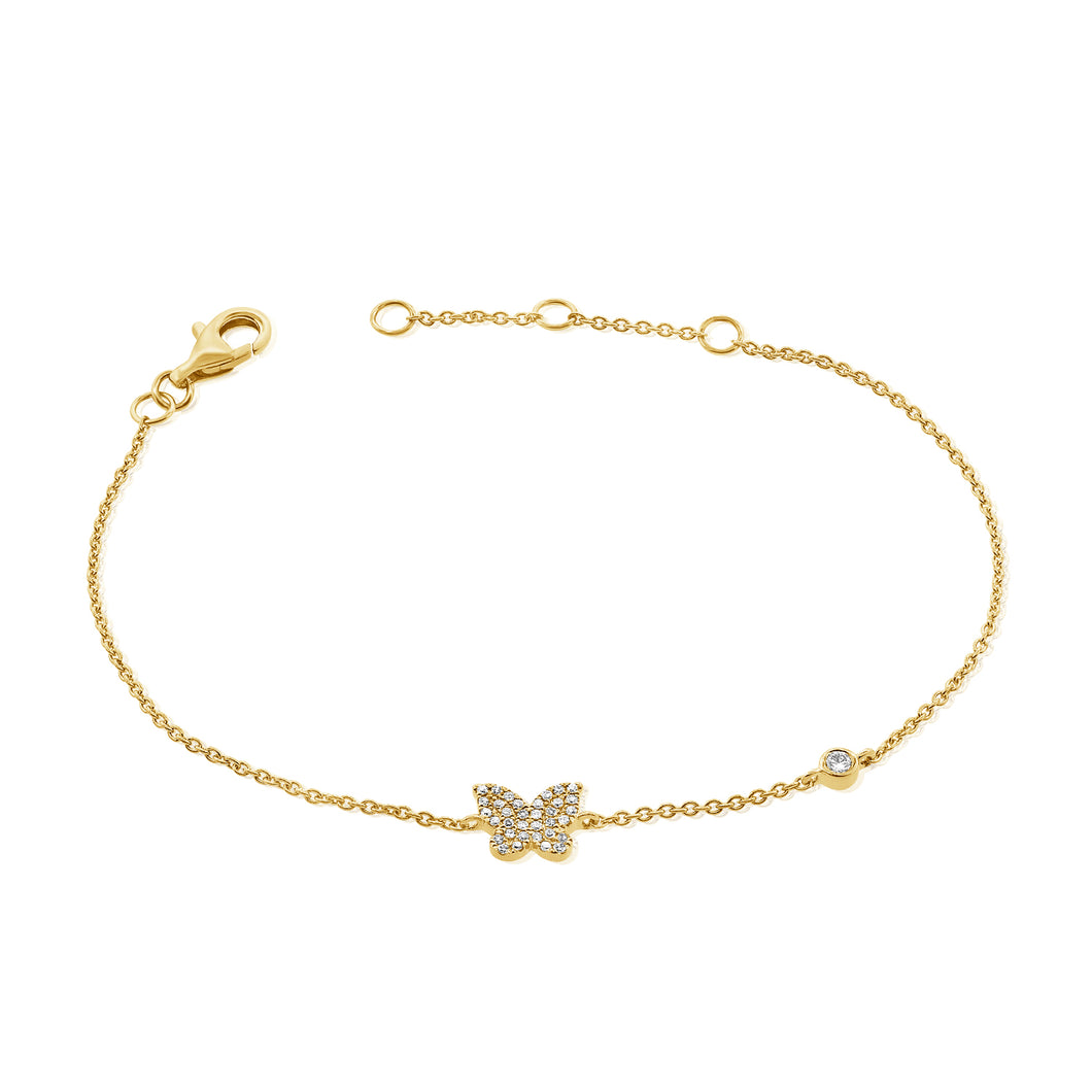 14K Gold Diamond Butterfly and Diamond Bezel Bracelet