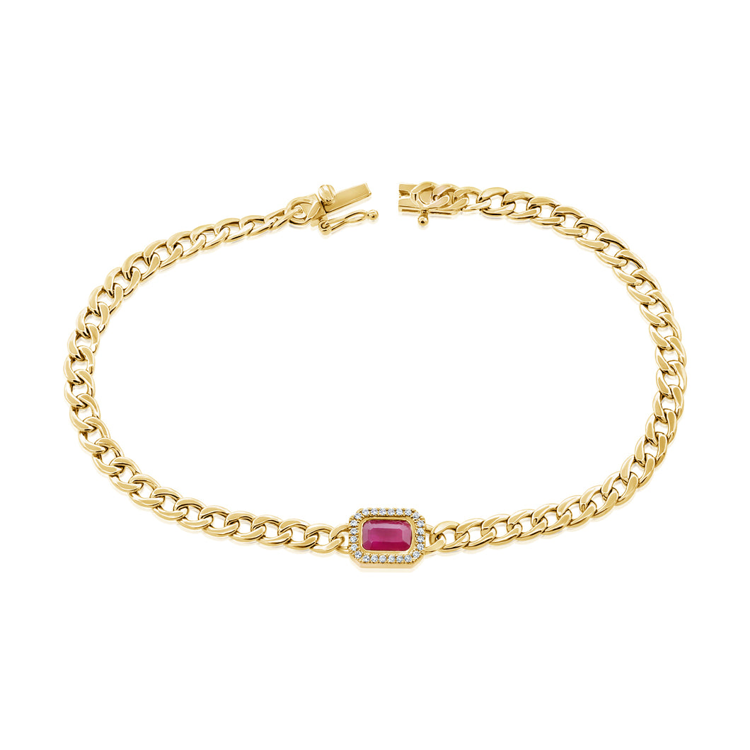 14K Yellow Gold Pink Sapphire and Diamond Cuban Chain Bracelet