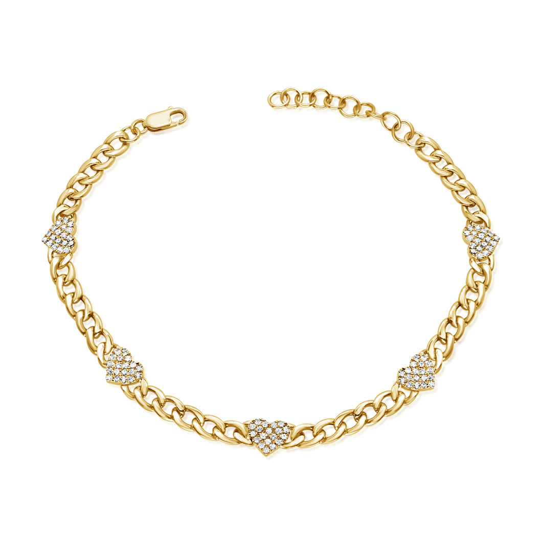 14K Gold Cuban Link Diamond Heart Bracelet