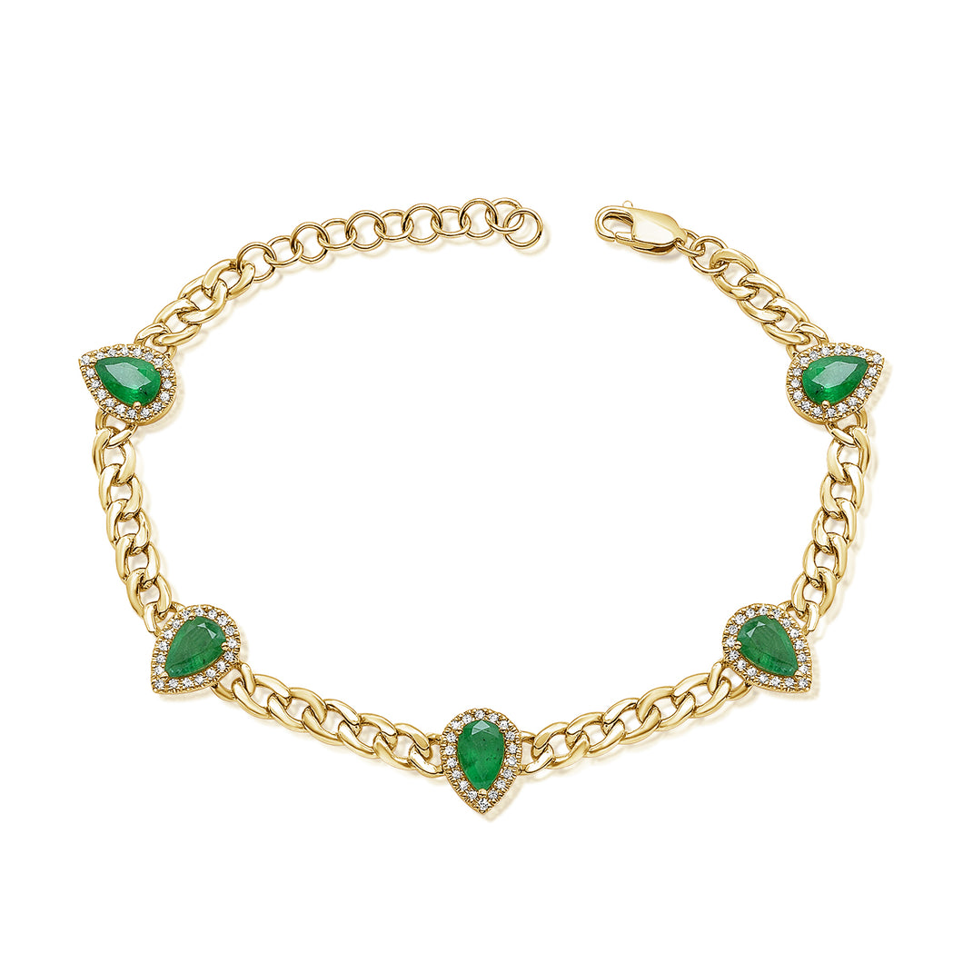 14K Yellow Gold Diamond Emerald Pears Cuban Chain Bracelet
