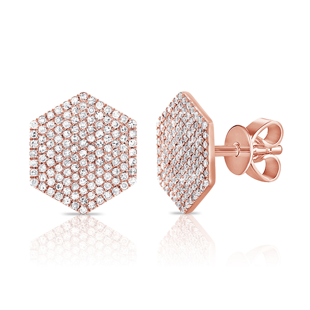 14K Gold Diamond Large Hexagon Stud Earrings