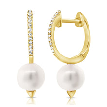 Load image into Gallery viewer, 14K Yellow Gold Diamond and Pearl Huggie Earrings
