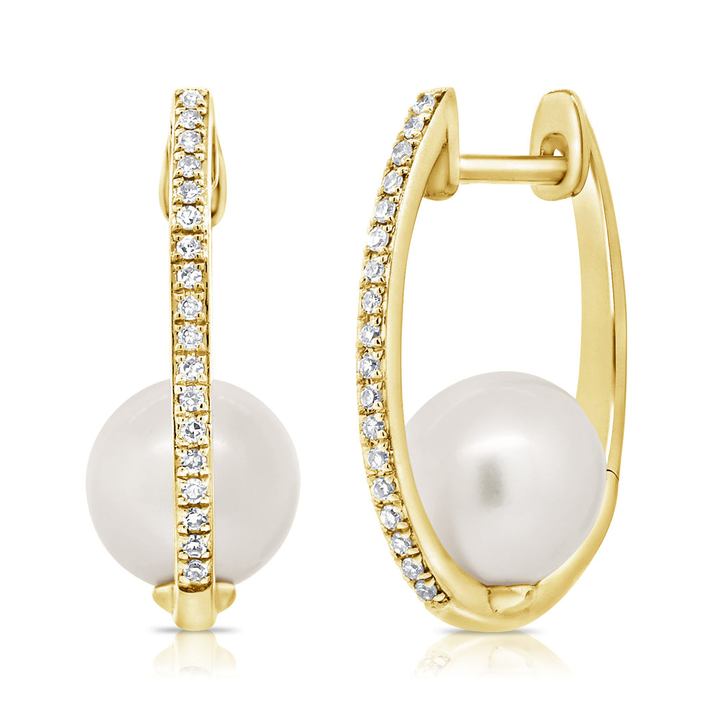 14K Yellow Gold Diamond Oval Pearl Earrings