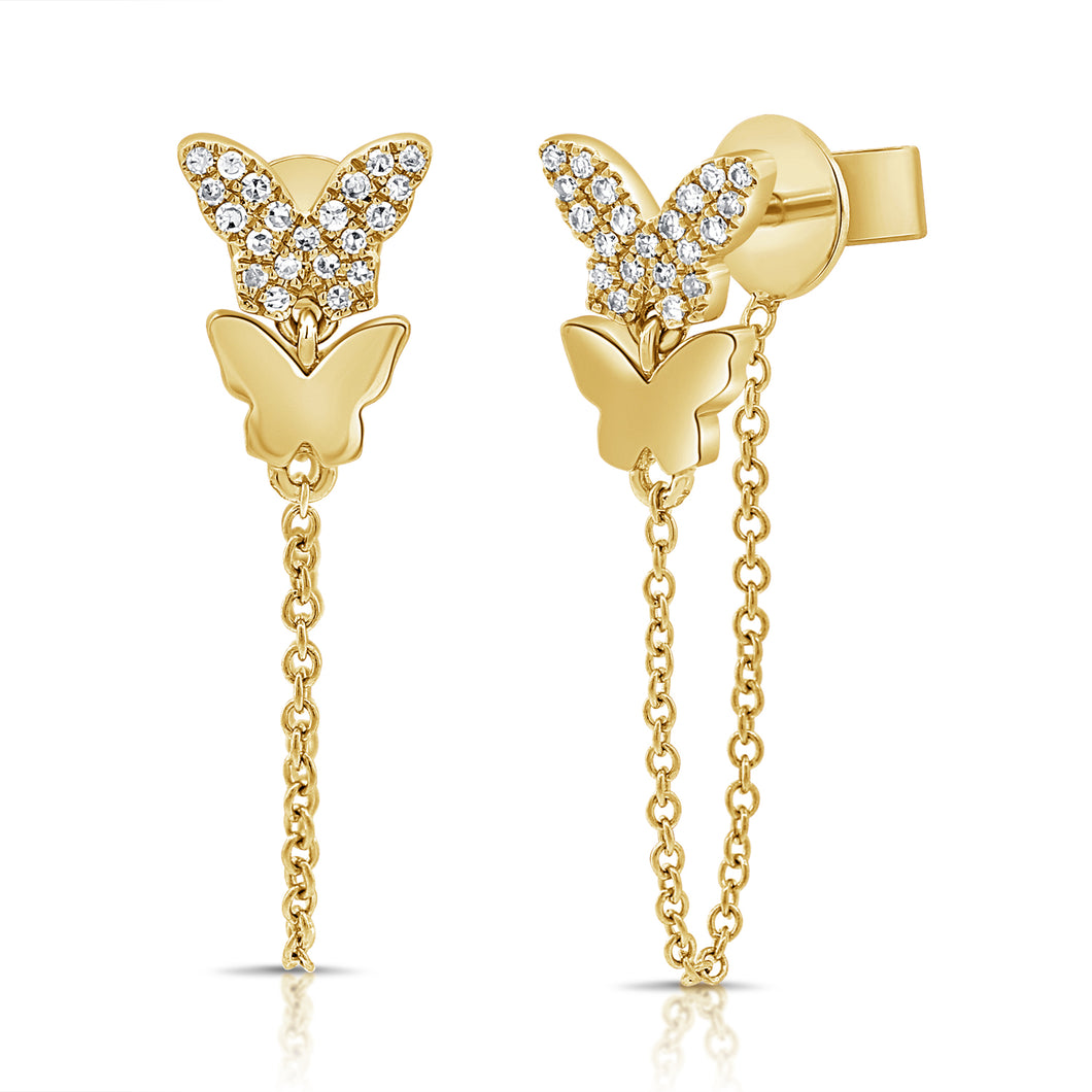 14K Gold Diamond Butterfly Chain Earrings