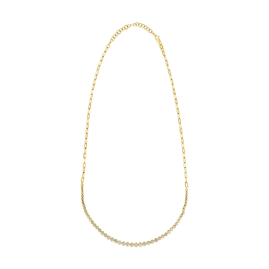 14K Gold Diamond Bezel Necklace with Paperclip Chain