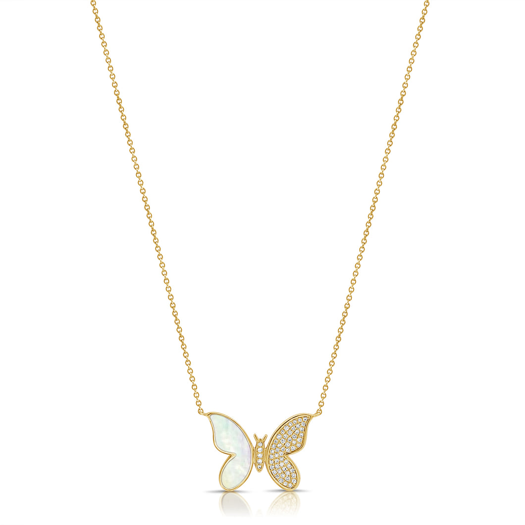 14K Gold Half Diamond and Mother of Pearl Butterfly Necklace