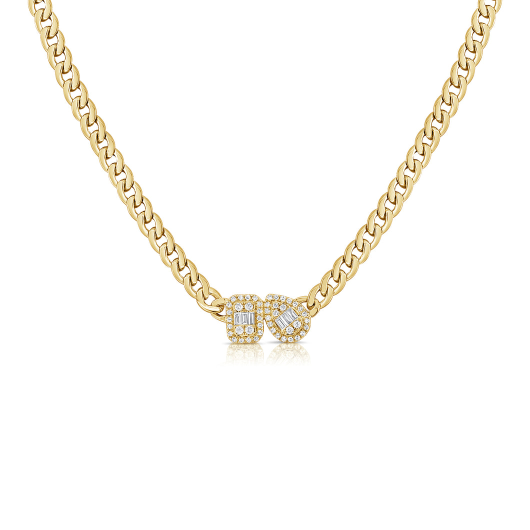 14K Yellow Gold Diamond Pear and Rectangle Baguette Cuban Necklace