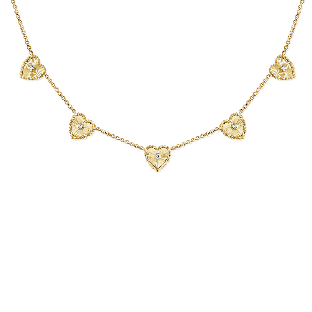14K Yellow Gold Fluted Heart Diamond Necklace