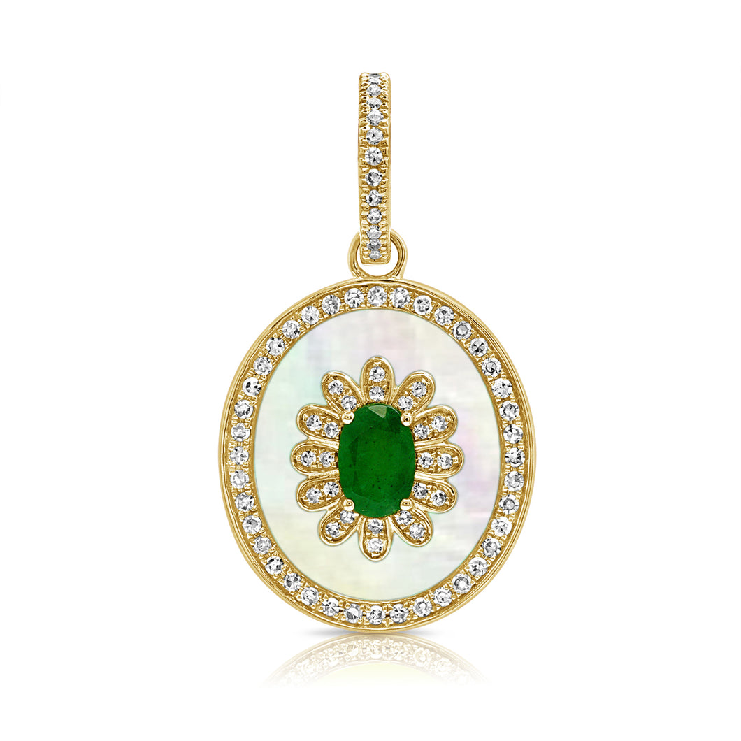 14K Yellow Gold Diamond Mother of Pearl Oval Emerald Charm
